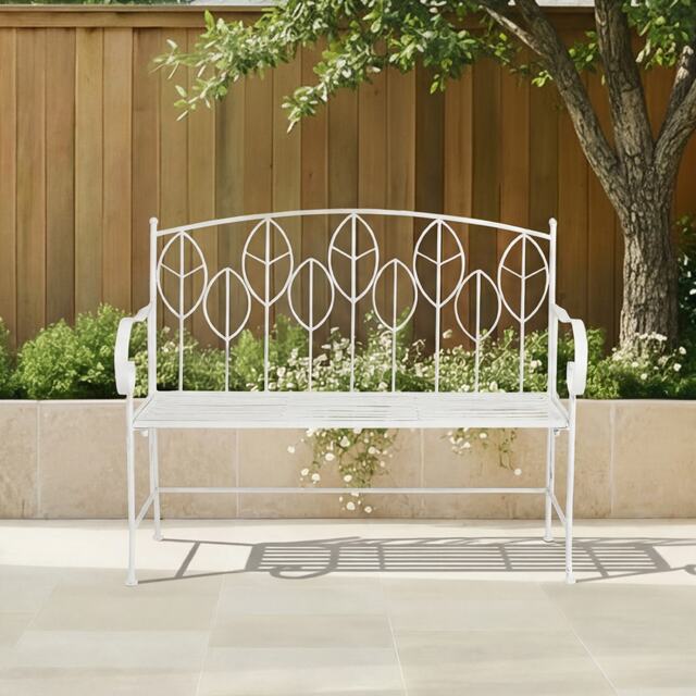 Charles Bentley Rustic Metal Garden Bench - Leaf Design White White