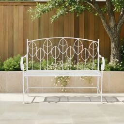 Charles Bentley Rustic Metal Garden Bench - Leaf Design White White