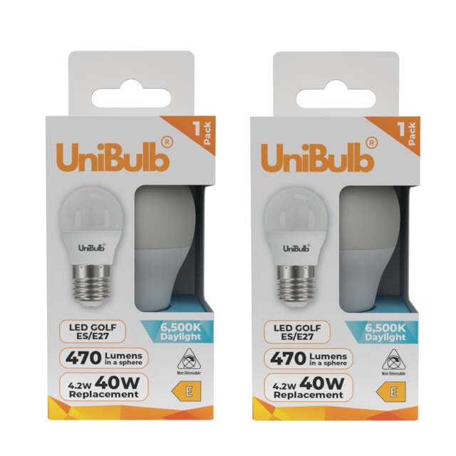 UniBulb LED Golf Ball E27 Edison Screw (ES) 470lm 4.2W (Replaces 40W) 6500K (Daylight) Light Bulb - Pack of 2 White Daylight 2