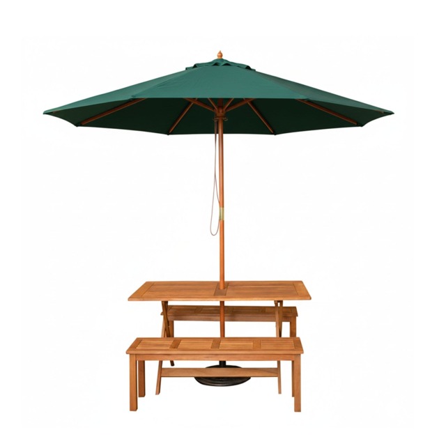 Outdoor 4 Person Rectangular Wooden Garden Dining Table, 2 Benches with Green Parasol and Base Set