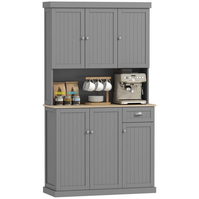 HOMCOM 180cm Kitchen Cupboard with 6 Doors, Modern Kitchen Storage Cabinet with Microwave Oven Countertop, Drawer, Adjustable Shelves and Cable Hole, Grey Grey Grey