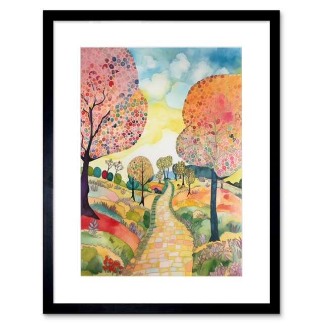 "Countryside Path Blooming Flowers Trees Folk Art Landscape 9x7"" Black Framed Wall Art Print"