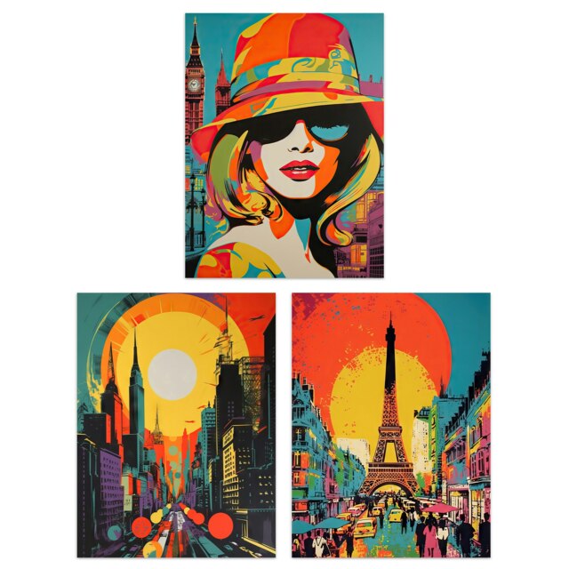 Set of 3 London Paris New York Woman Vibrant Colourful Wall Art Prints 12x16 Inch