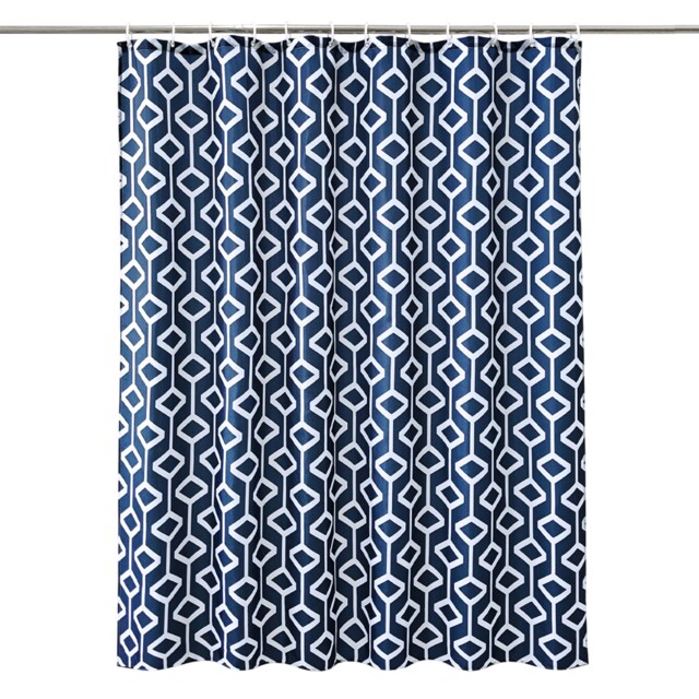 Navy Blue Geometric Design Polyester Shower Curtain with 12 Hooks - 180x200cm