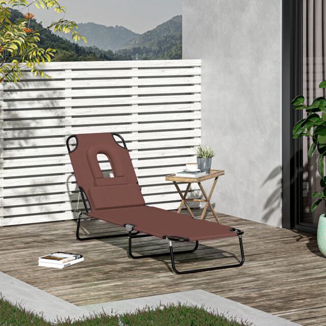 Outsunny Folding Sun Lounger Reclining Chair w/ Pillow Reading Hole Brown Brown