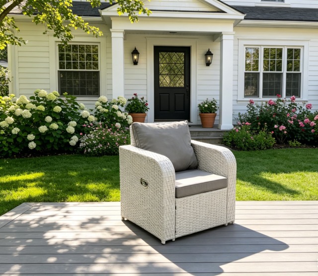 Fimous Outdoor Rattan Reclining Chair Light Grey Mixed Adjustable Patio Armchair with Thick Removable Cushion