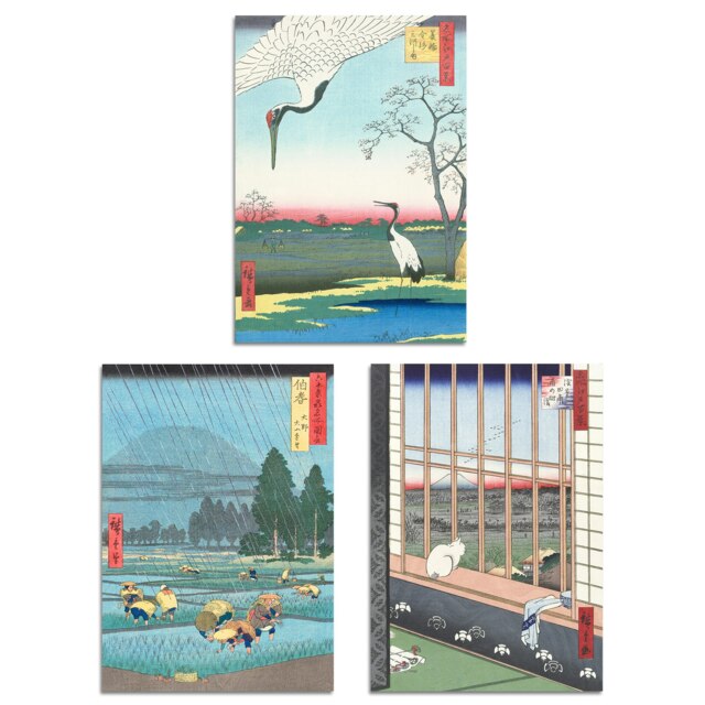 Set of 3 Hiroshige Ricefields Green Blue Japanese A3 Wall Art Prints Blue