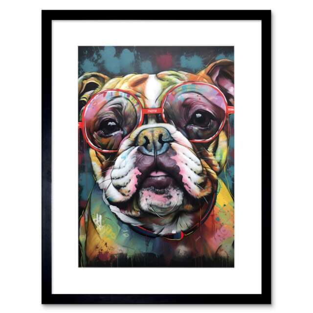 "English Bulldog Sunglasses Modern 9x7"" Black Framed Wall Art Print"