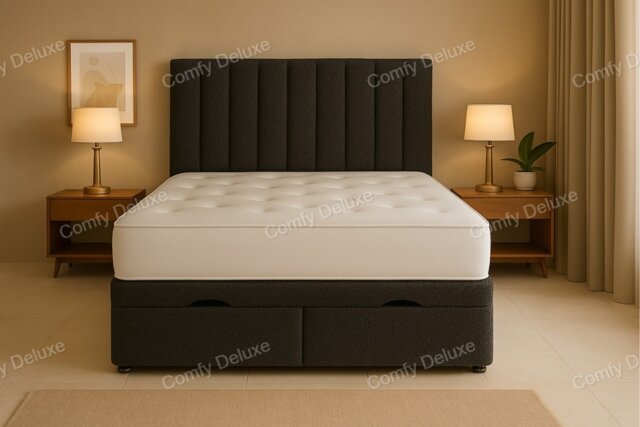 Ottoman storage grey teddy 4ft6 double bed set with headboard and mattress