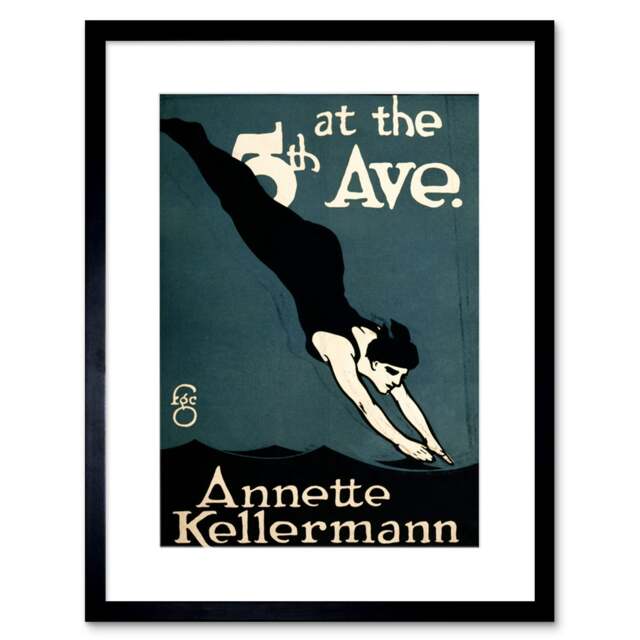 "Vintage Vaudeville Annette Kellerman Swim Dive 5th Ave 9x7"" Black Framed Wall Art Print"