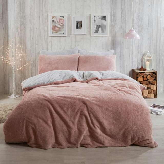 OHS Reversible Soft Teddy Fleece Duvet Cover and Pillowcase Bedding Set, King - Blush Pink/Grey