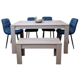 Modern Grey Rectangle Dining Table Set With 4 Blue Velvet Chairs And 1 Bench Dining Room Furniture