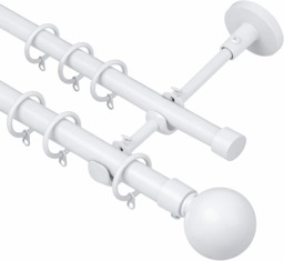 Lister Cartwright Double Curtain Fixed Pole Set with White Ball Finials - 19mm and 28mm Metal Poles(300 cm)