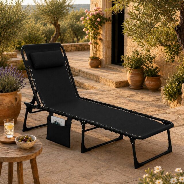 Black Folding Sun Lounger with Adjustable Backrest - Portable Sunbed Chair, Steel Frame, Oxford Fabric, Garden Recliner Bed