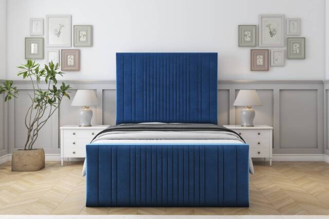"Sloomy Kingsley Navy Plush Bed Frame With Mattress With 50"" Upholstered Headboard 2'6 Small Single"