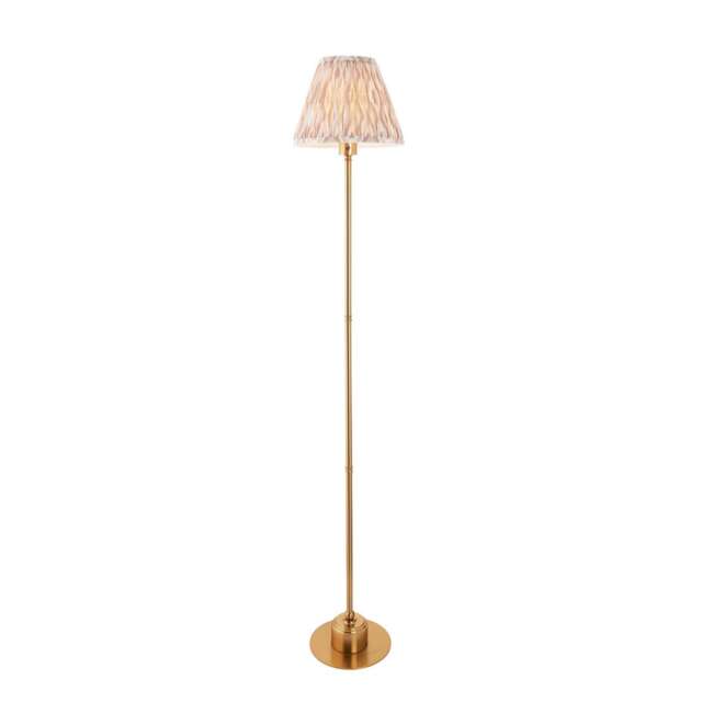 Burley Rechargeable Brushed Aged Brass Plate Floor Lamp with Neutral Print Fabric Ikat Shade 25cm Integrated LED