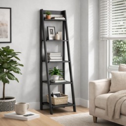 Mercers Furniture Corona Charcoal Ladder Bookcase Open Leaning Shelving Storage Solid Wood Mexican Pine Wooden Dark Grey