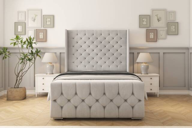 "Sloomy Luthor Silver Naples Bed Frame With 50"" Upholstered Wingback Headboard 2'6 Small Single"
