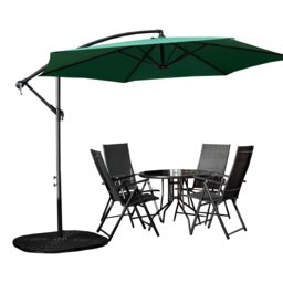Outdoor 4 Person Round Glass Top Garden Dining Table Chairs With Green Banana Parasol and Base Set