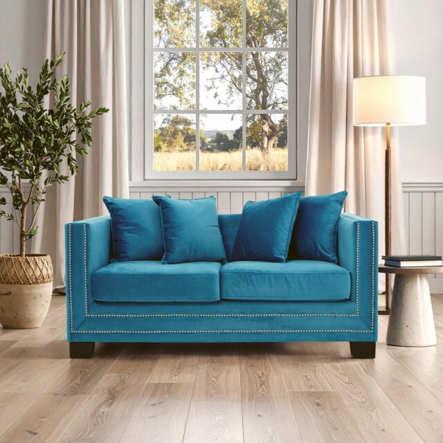 Comfortable 2 Seater Cyan Blue Velvet Sofa, Stylish Mid Century Sofa For Bedroom, Functional 2 Seater Sofa Blue Two Seater