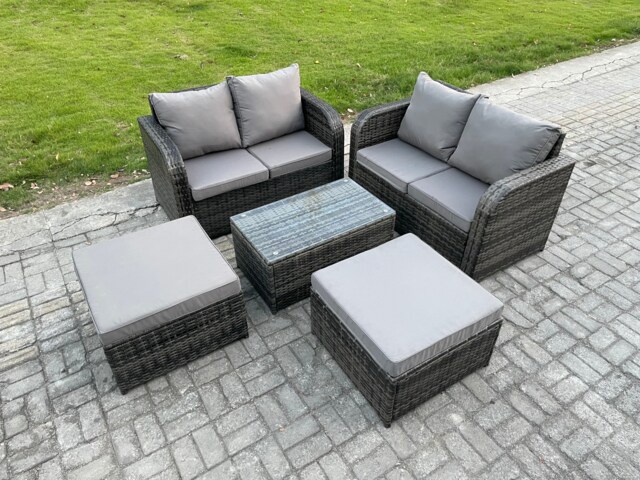 Fimous Rattan Garden Furniture Set 6 Seater Patio Outdoor Lounge Sofa Set with Rectangular Coffee Table 2 Big Footstool Dark Grey Mixed