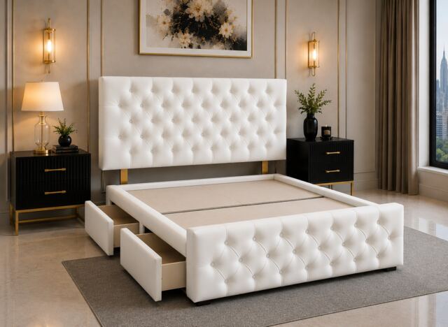 Brooklyn Divan Bed with Upholstered Headboard & Footboard Base - Single White Leather 2 Drawers Storage Left Side in Bed
