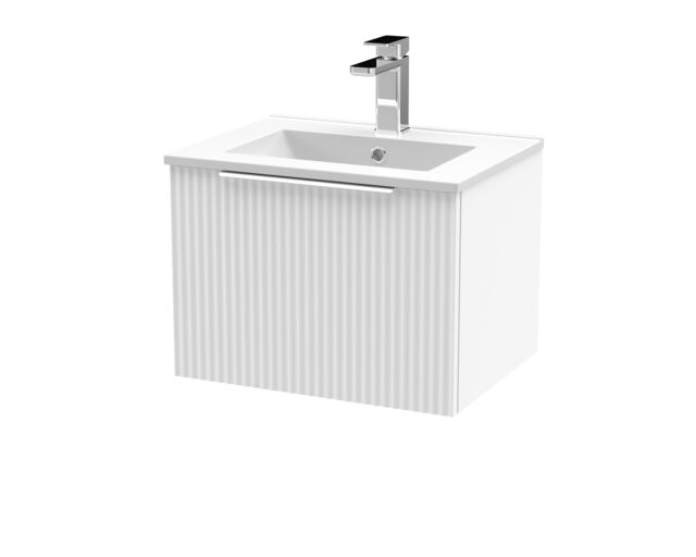 Balterley Tixall Fluted 1 Drawer Wall Hung Vanity Unit with Minimalist Basin, Satin White, 500mm