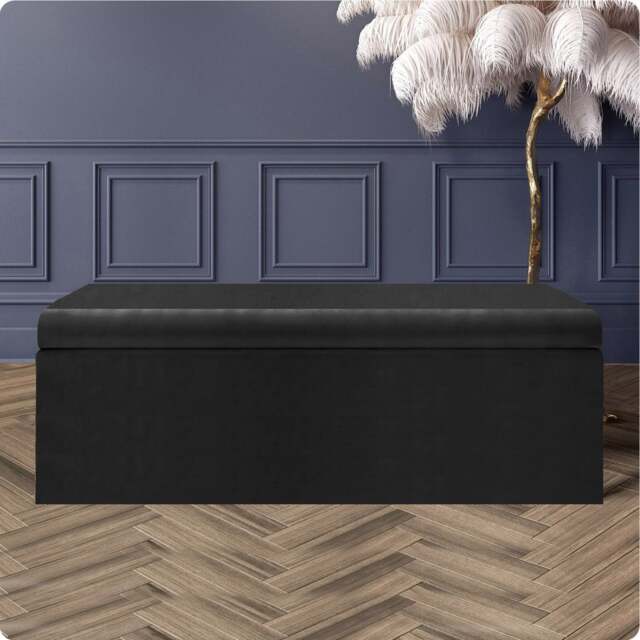 150cm Large Plain Safar Storage Ottoman Box, Black Plush Velvet Upholstered Deep Storage Ottoman End of Bed Bench