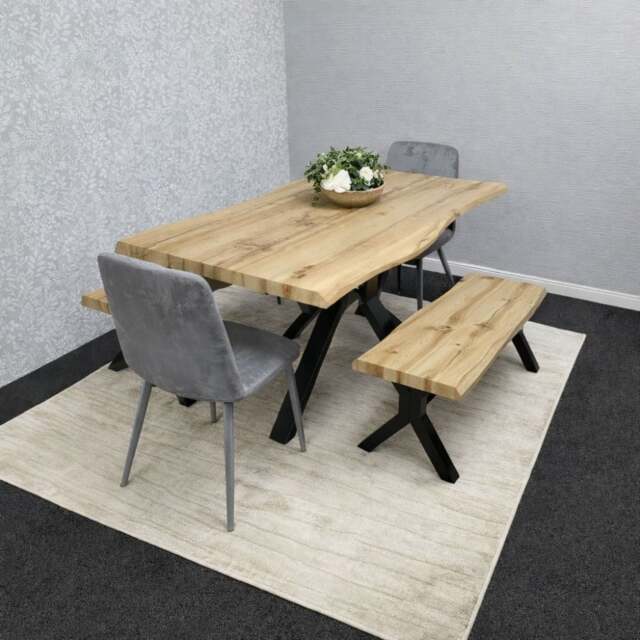 Wooden Dining Table with 2 Benches and Grey Velvet Chairs, Stylish Dining Room Furniture