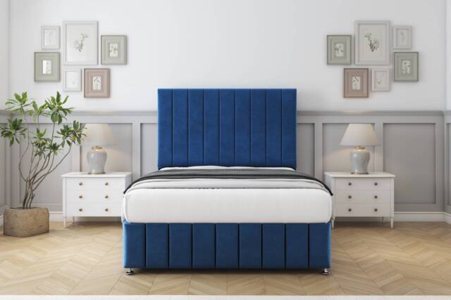 "Sloomy California Navy Plush Divan Bed With Mattress 2 Drawers Left Side With 54"" Floor Standing Headboard & 12"" Matching Footboard 4'6 Double Blue Navy Double 1"