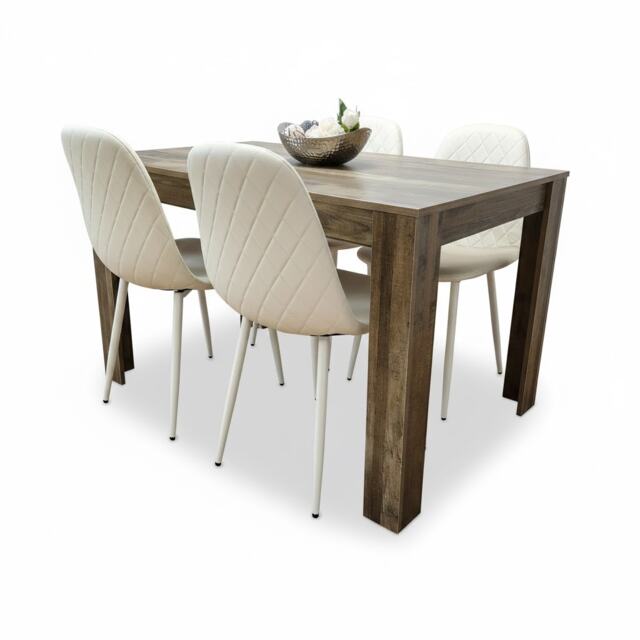 Rustic Wooden Dining Table with 4 Cream Gem Patterned Chairs Dining Room Set