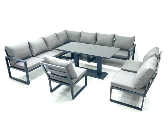 Fimous 10 Seater Outdoor Aluminum Garden Furniture Set Corner Sofa Rising Lifting Dining Table Sets Dark Grey
