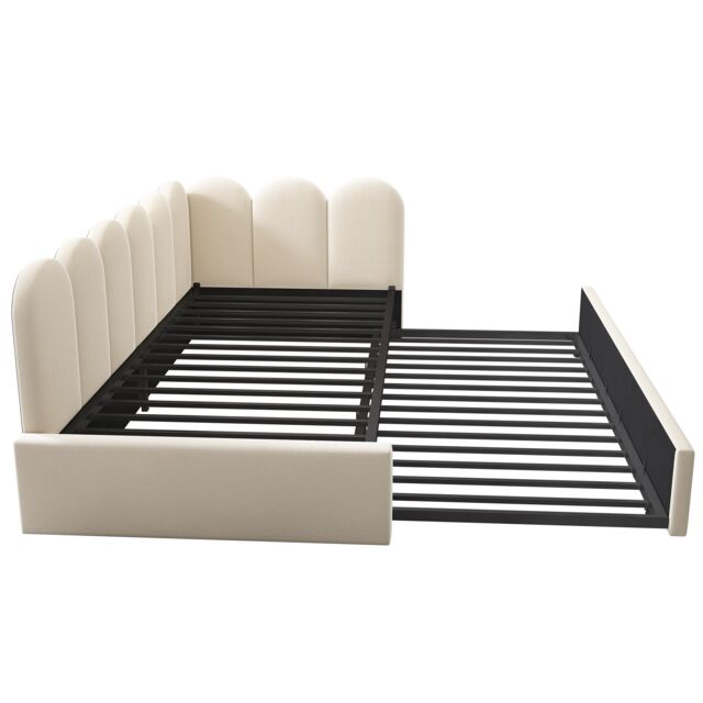 Abrihome Upholstered Bed Daybed with Pull-Out Bed, 3FT Single Sofa Bed 90 x 190 cm, Guest Beds for Adults and Children, Bed with Slatted Frame, Velvet, Beige (No Mattress)