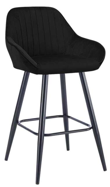 Velluto Velvet Kitchen Bar Stool, Matt Black Fixed Height Legs With Footrest, Breakfast & Home Bar Stool - Black