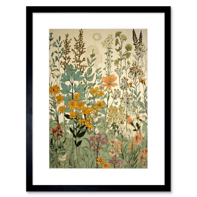 "Wildflower Vintage Botanical Painting Pastel 9x7"" Black Framed Wall Art Print"