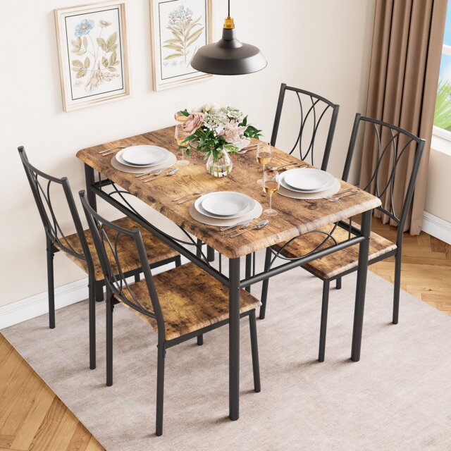 London Boutique Retro Style 4-Seater Dining Set Rectangular Vintage Wood Effect MDF Table & 4 Cut-out Black Metal Frame Dining Chairs With MDF Padded Seat Compact Space Saving Kitchen Dining Furniture For Small Flat Terraced House Home 110 x 70 x 76 cm Single Pack