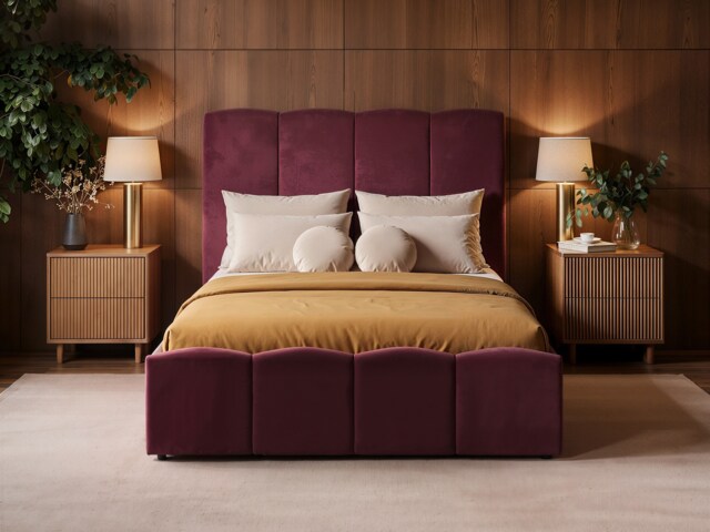 SOLACE+CO Enrica Upholstered Bed Frame with Padded Statement Headboard Burgundy Double