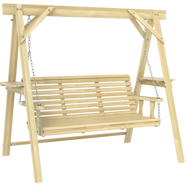 Outsunny 3 Seater Wooden Garden Swing Chair with Side Tables Brown Natural wood L