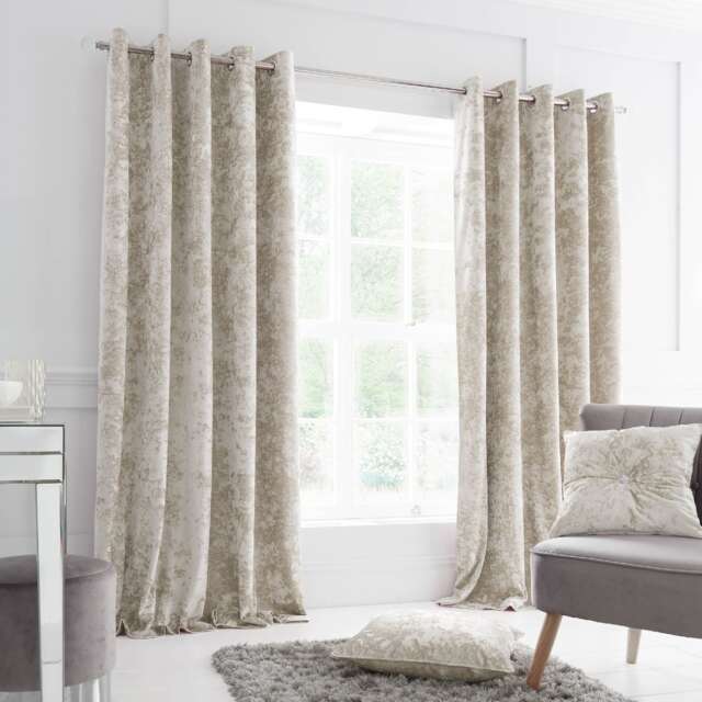 Catherine Lansfield Crushed Velvet Lined Eyelet Curtains Cream Natural