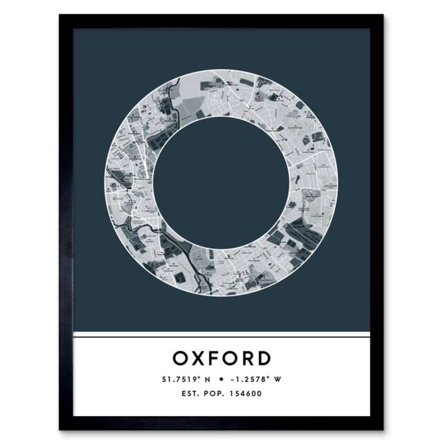 "Oxford England UK City Map Modern T Home Decor 12x16"" Framed Wall Art Print"