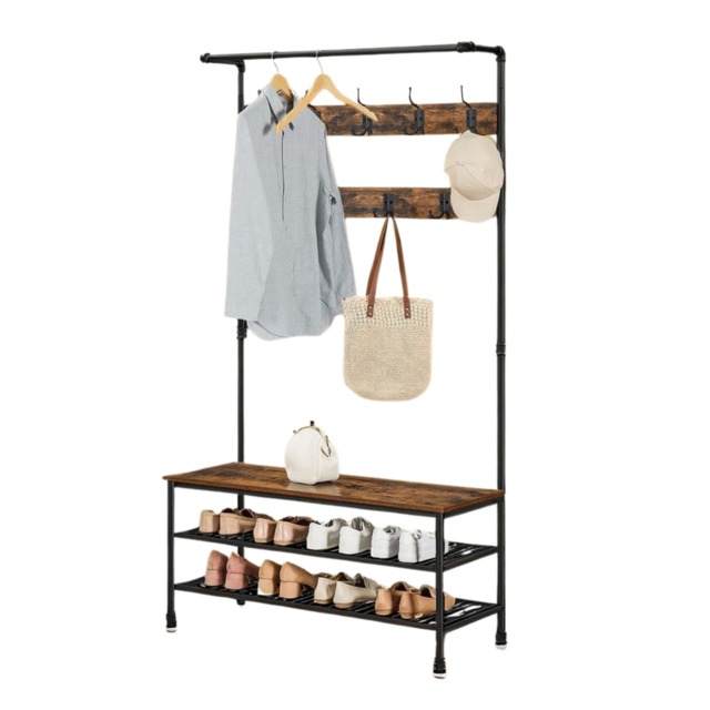Entryway Hall Tree Coat Rack Stand With Shoe Storage and Hooks