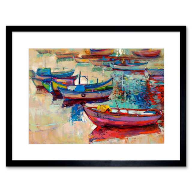 "Sea Harbour Fisherman Boats Oil Painting Bathroom 9x7"" Black Framed Wall Art Print"