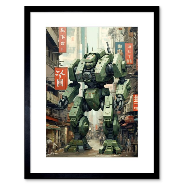 "Mecha Robot City Street Anime Sci-Fi Fantasy 9x7"" Black Framed Wall Art Print"