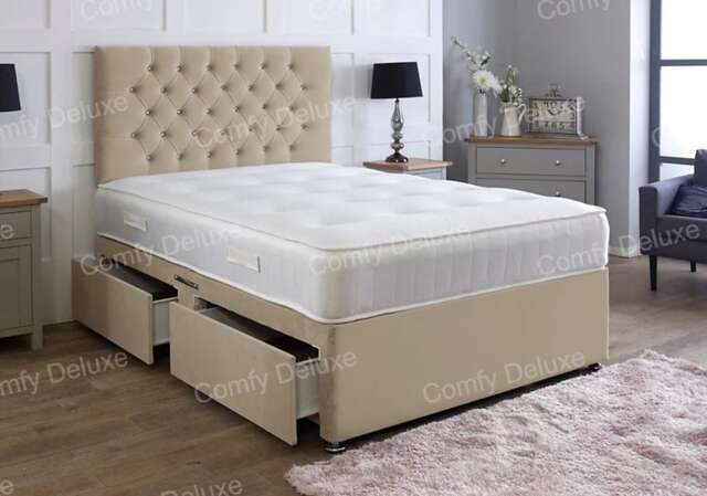 6ft Superking Mink Plush Velvet Divan Bed With Headboard & Memory Sprung Mattress 2 Drawers One Each Side