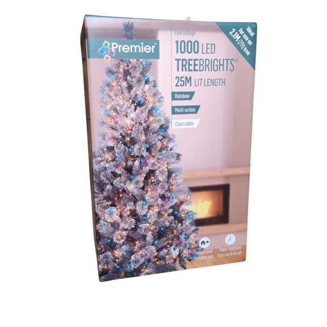 1000 LED 25m Indoor Outdoor Christmas Multi Function Mains Operated String Lights with Timer & Clear Cable in Rainbow