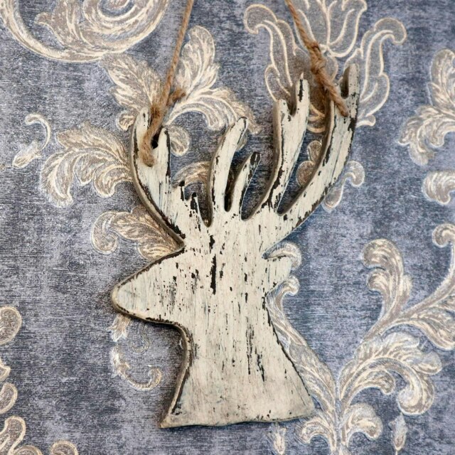 26cm Cream Christmas Wooden Hanging Deer Wall Decoration Xmas Home Office Holiday Decorative Centrepiece