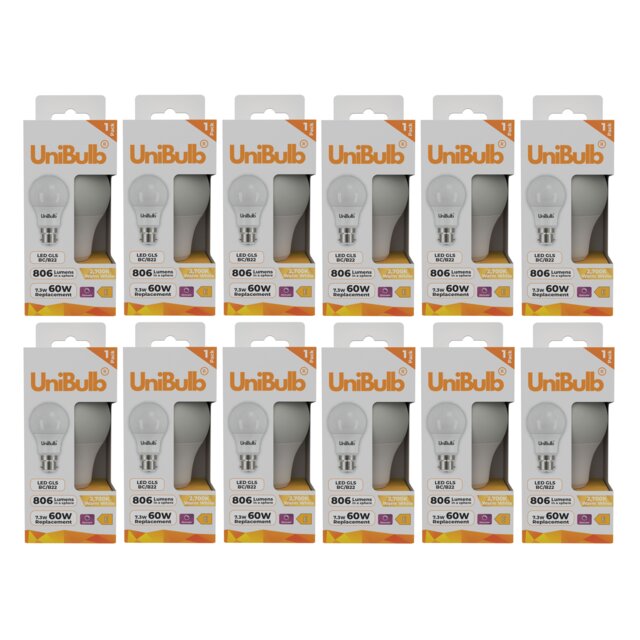 UniBulb LED GLS B22 Bayonet Cap (BC) 806lm 7.3W (Replaces 60W) 2700K (Warm White) Dimmable Light Bulb - Pack of 12