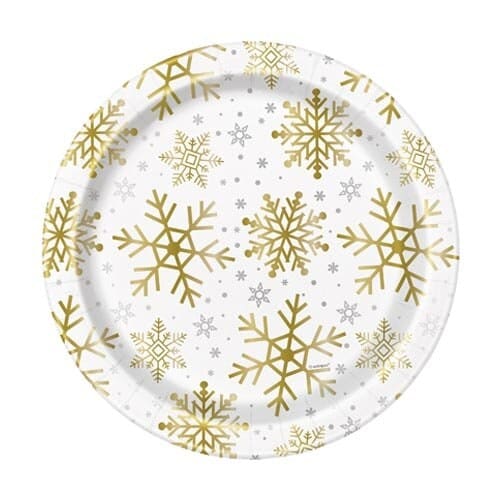 Silver & Gold Snowflakes Christmas Round Paper Plates 22cm - Pack of 8