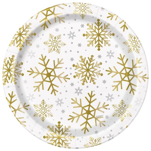 Gold & Silver Snowflake Print Christmas Round Paper Plates 22cm - Pack of 8