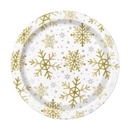 Silver & Gold Snowflakes Christmas Round Paper Plates 22cm - Pack of 8